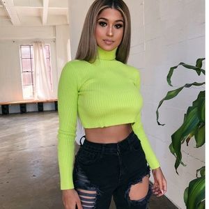 Neon Green Cropped Turtleneck Sweater 